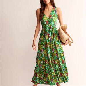 $150 BODEN Sylvia Green Jersey Maxi Tier Dress Size US 8 UK 12 Tropical Paradise